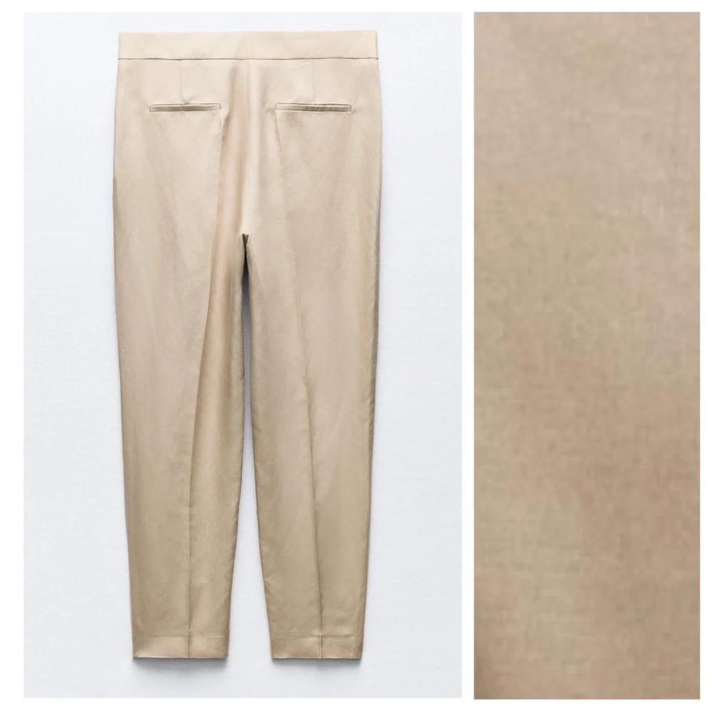 NWT. Zara Beige Viscose/Linen Blend Slim Fit High-Waisted Trousers. Size M.